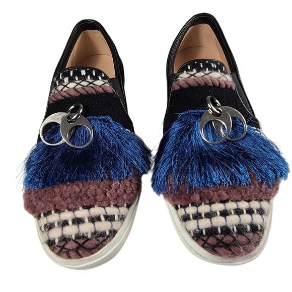Stuart Weitzman Black Blue Fringe Tassel Leather Whip Stitch Shoes Sneakers 8 M - Picture 1 of 7